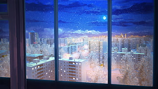 stainless steel window frame, night, snow, Everlasting Summer