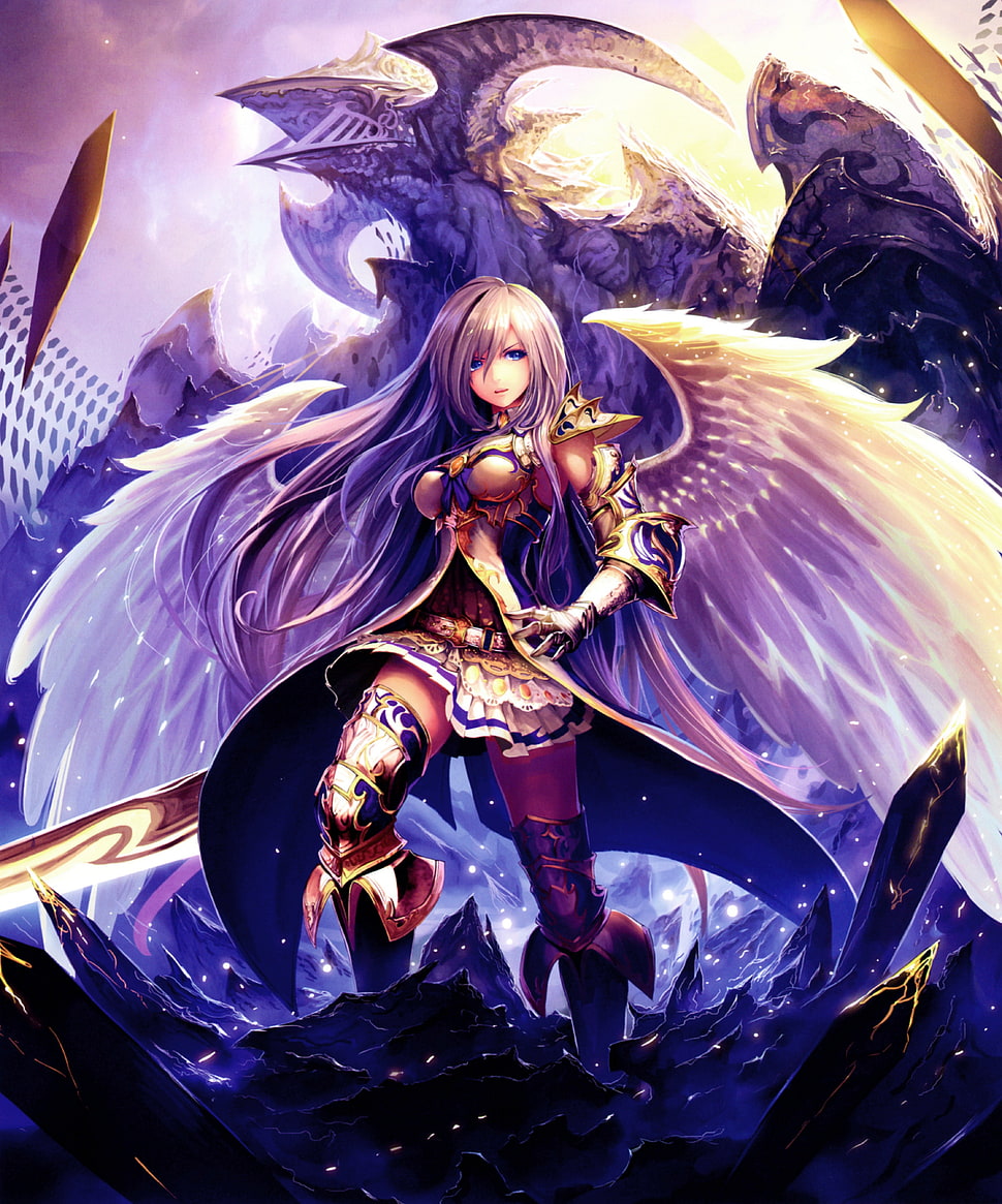 purple-haired female game character HD wallpaper