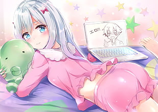 white haired female anime character digital wallpaper, aqua eyes, ass, barefoot, blushing