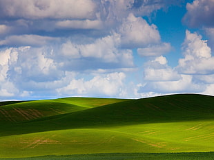 landscape photograph of grass lands with cloudy sky