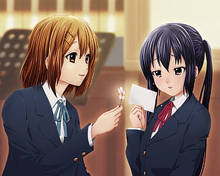 two female anime characters reading card wallpaper