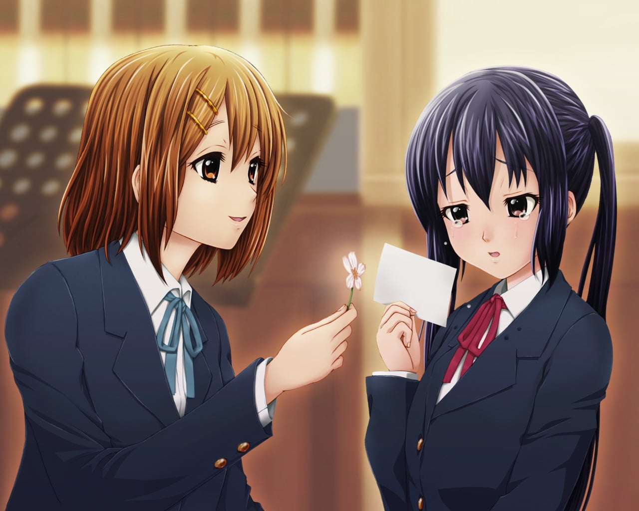two female anime characters reading card wallpaper