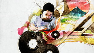 man in white shirt with vinyl disc painting