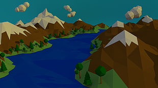 painting of mountain, water, mountains, nature, low poly