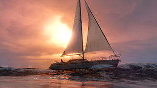 whitesailing boat, Grand Theft Auto V, sunset, sea, boat
