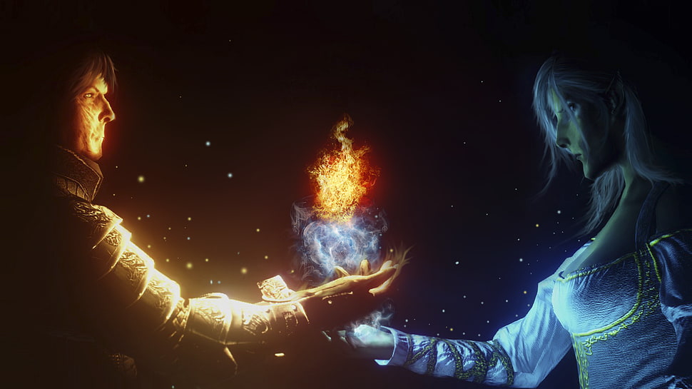 man and woman with fire and ice power digital wallpaper HD wallpaper