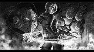 female character holding flintlock pistol in front of robot digital wallpaper, Warmachine, Iron Kingdoms, steampunk