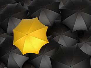 black and yellow umbrellas, minimalism, pattern, monochrome, digital art