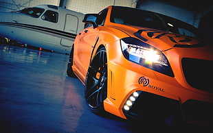 orange sedan, car, orange, Mercedes-Benz, aircraft HD wallpaper