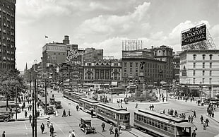 grayscale photo of city buildings, vintage, Detroit
