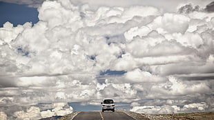 white and gray floral mattress, vehicle, car, clouds, road