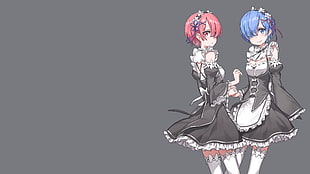 two female anime character clip-art, Rem (Re: Zero), Ram (Re:Zero), simple background, maid outfit