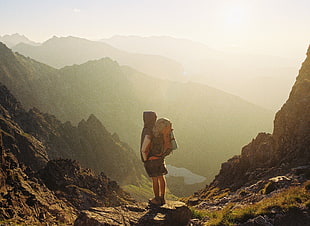 black and orange backpackl, traveller, mountains, bag, alone HD wallpaper