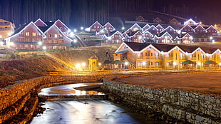 lighted houses at night