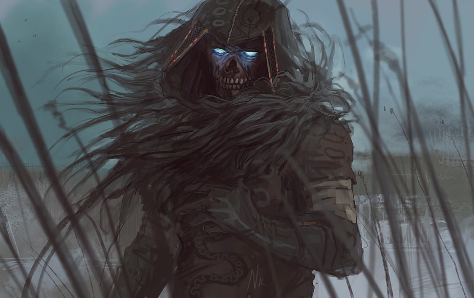 skeleton character wearing hooded jacket digital wallpaper, demon, fantasy art HD wallpaper