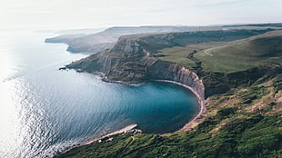 green mountain, cliff, sea, bay, landscape