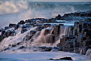 black and white multi-step waterfalls, nature, landscape, Giant's Causeway, sea HD wallpaper