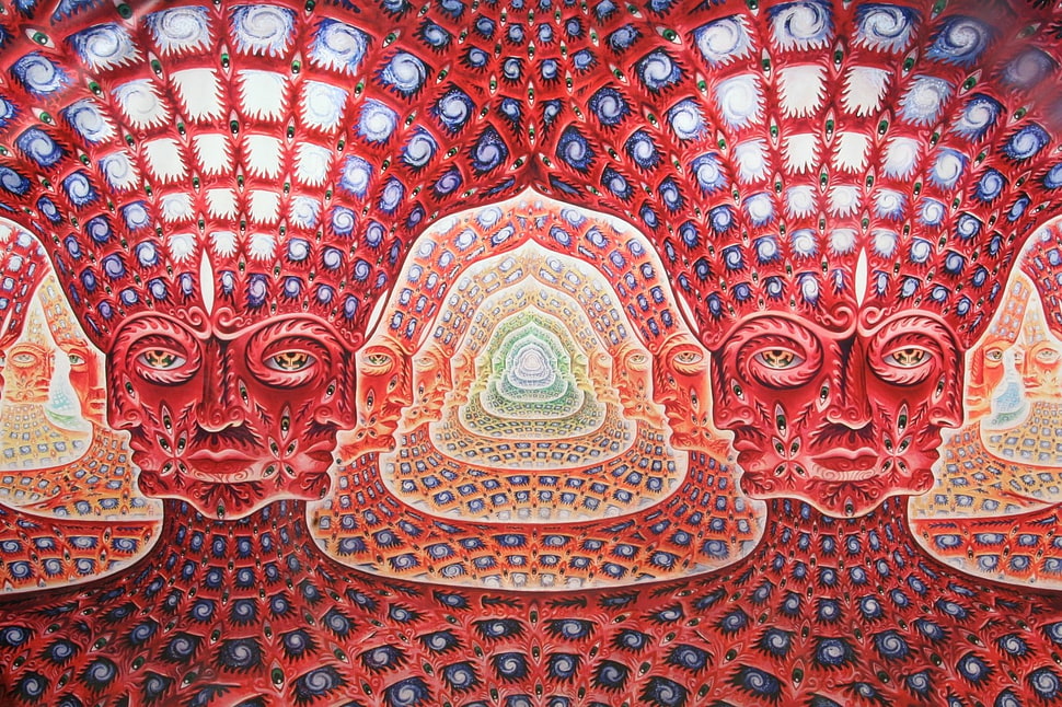 red faces illustration, psychedelic HD wallpaper