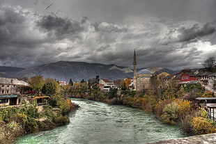 brown and white concrete house, HDR, city, river, mosque