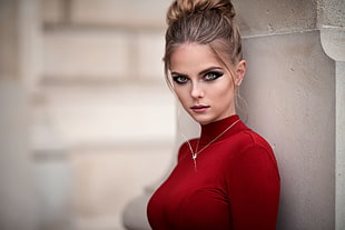 women's red turtleneck long-sleeved blouse HD wallpaper