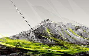 green and black compound bow, photo manipulation, abstract, mountains, digital art