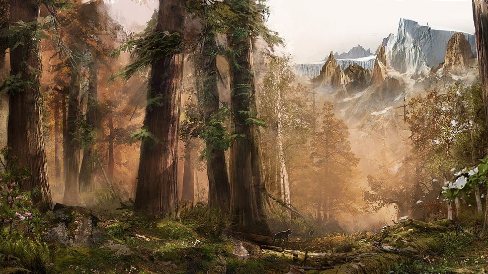 trees near mountain painting, far cry primal, video games HD wallpaper