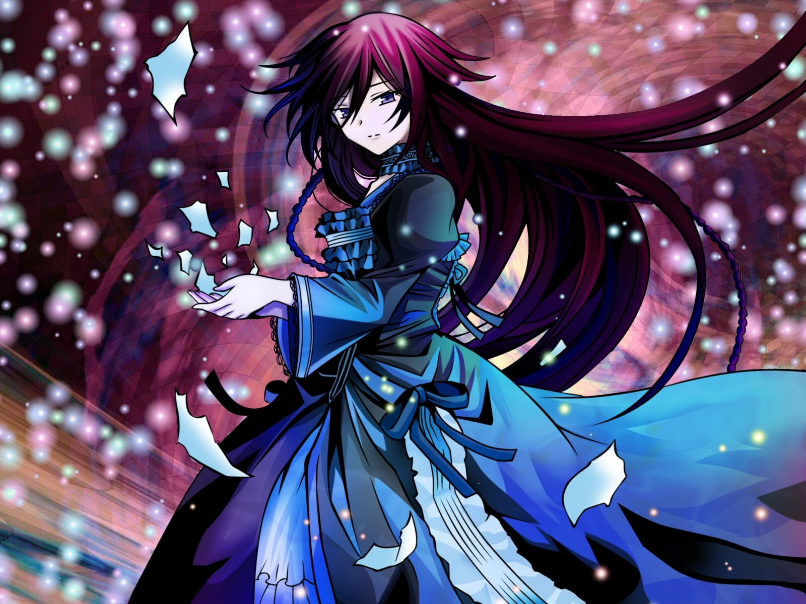 female anime character with red hair and blue dress