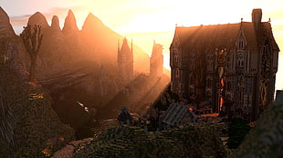 gray castle digital wallpaper, Minecraft, render, screen shot, mansions