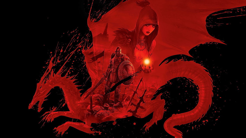 red dragon and knight illustration, video games, Dragon Age, Dragon Age: Origins, Morrigan (character) HD wallpaper