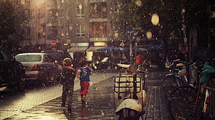 white motor scooter, rain, children
