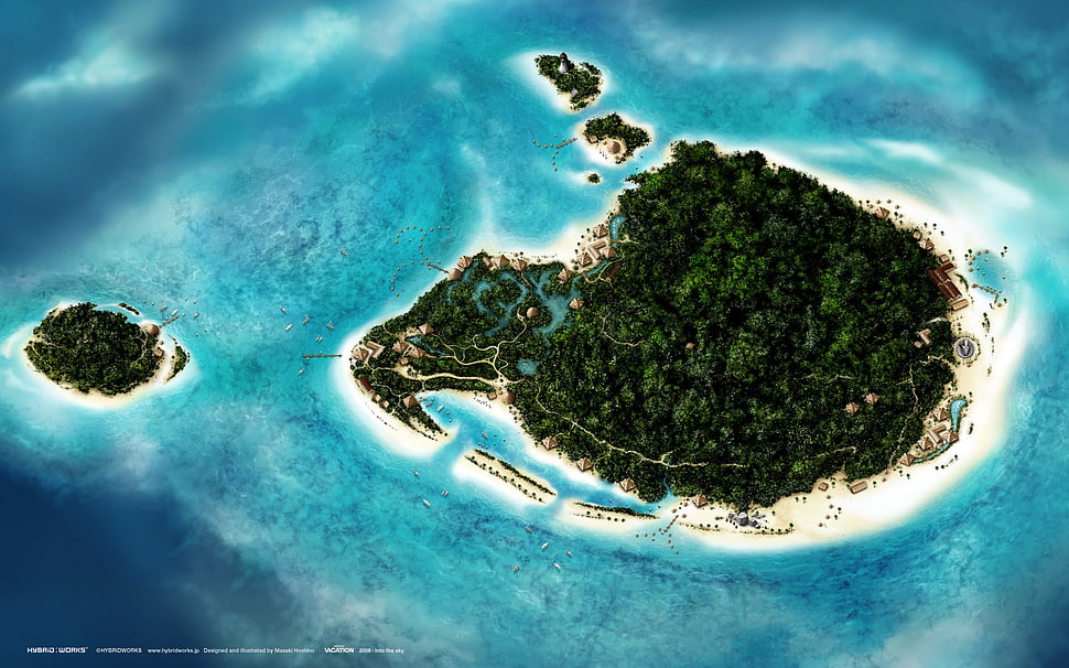 green island and body of water, digital art, CGI, nature, landscape HD wallpaper