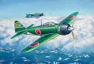green biplane illustration, Japan, World War II, Zero, Mitsubishi HD wallpaper