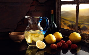 clear glass pitcher, Lemonade, fruit
