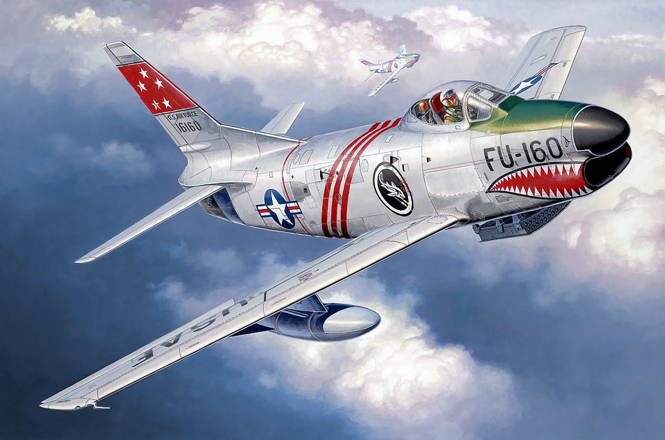 white and red RC helicopter, artwork, military, F-86 D Sabre, jet fighter HD wallpaper
