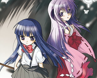two females anime character with purple and blue hairs HD wallpaper