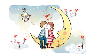 man and woman sitting on yellow crescent moon wallpaper