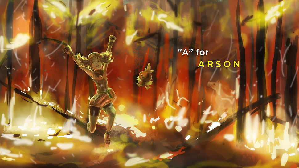 A for Arson painting, fire, May (pokemon), trees, Torchic  HD wallpaper