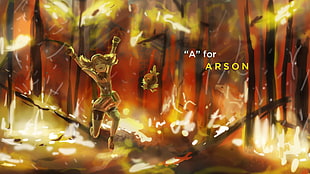 A for Arson painting, fire, May (pokemon), trees, Torchic 