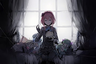female anime character with pink hair, blue eyes, bow, doll, gloves