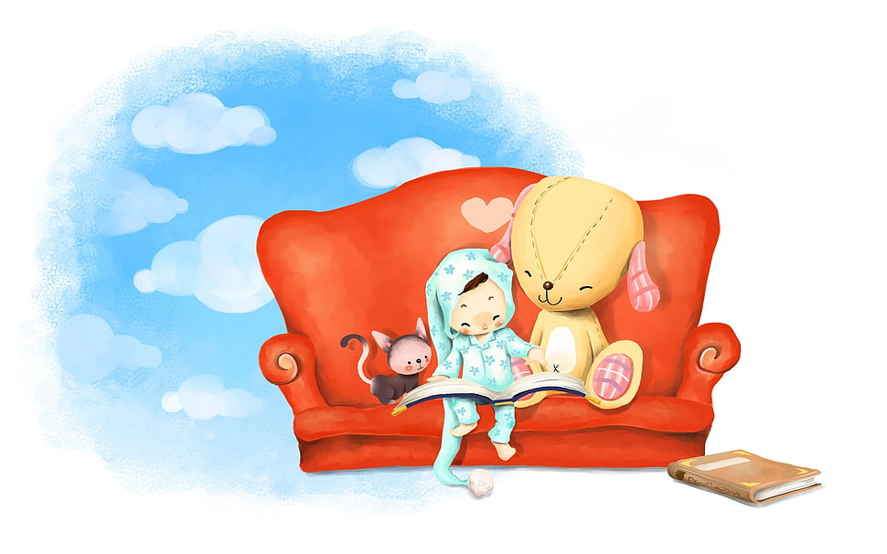 anime characters sitting on red sofa wallpaper HD wallpaper