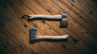 two wooden handled axes, hatchet, wood, axes