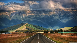green mountains, mountains, clouds, sunlight, road HD wallpaper