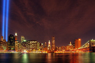 City during nighttime beside body of water HD wallpaper