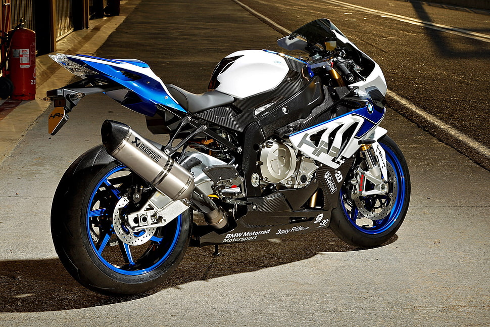 blue and white sports bike, motorcycle, BMW, BMW S 1000 RR, Akrapovic HD wallpaper