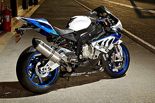 blue and white sports bike, motorcycle, BMW, BMW S 1000 RR, Akrapovic