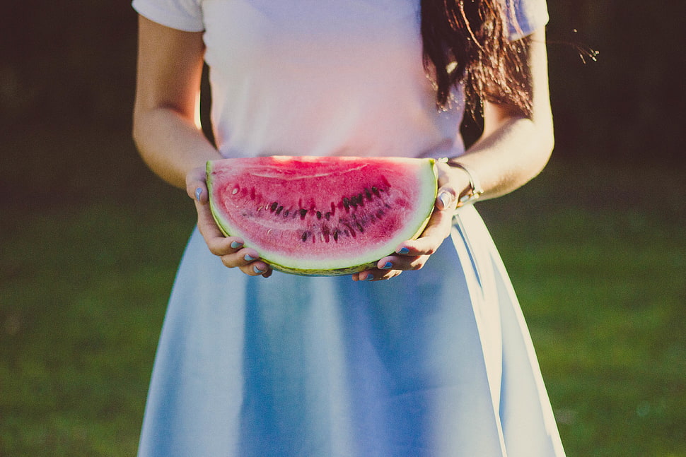 women's blue skirt, Watermelon, Girl, Hands HD wallpaper