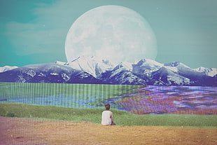 white sleeveless top, artwork, photo manipulation, Moon, mountains