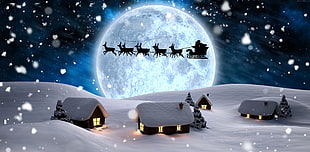 Santa Claus in carriage with reindeers above houses covered with snow