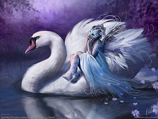 Fairy woman sitting on back of mute swan wallpaper