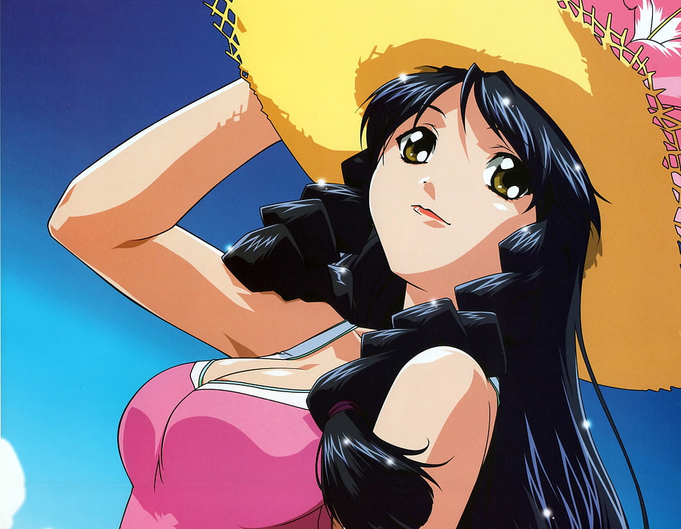 female anime character with black hair and yellow hat HD wallpaper